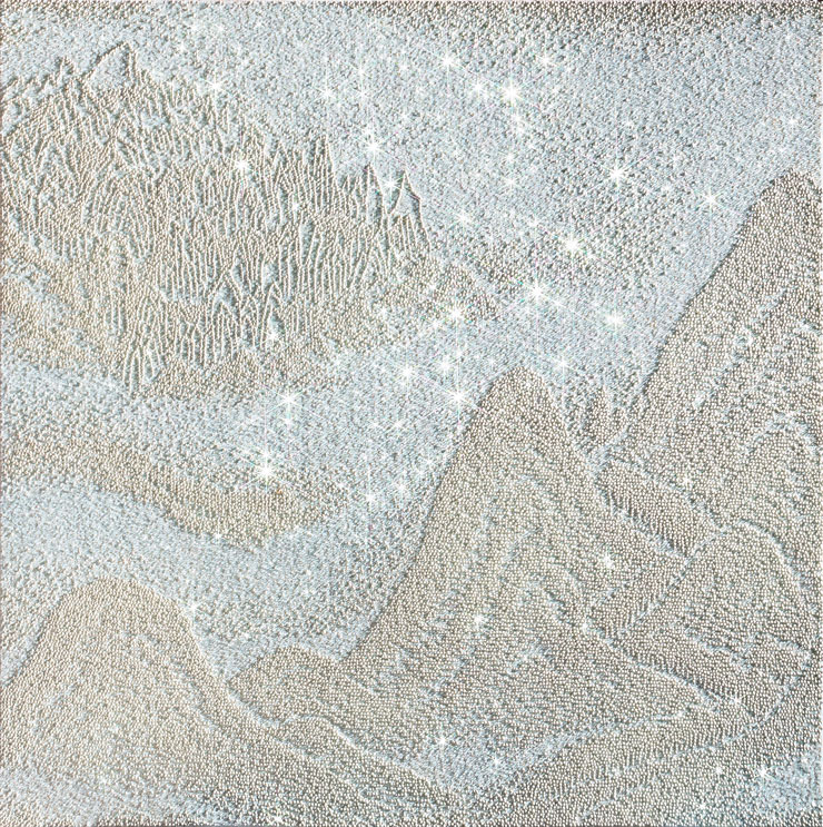 , ARTIFICIAL LANDSCAPE–White Material 4, 130.0x130.0cm, Mixed media & Swarovski’s cut crystals on canvas, 2019